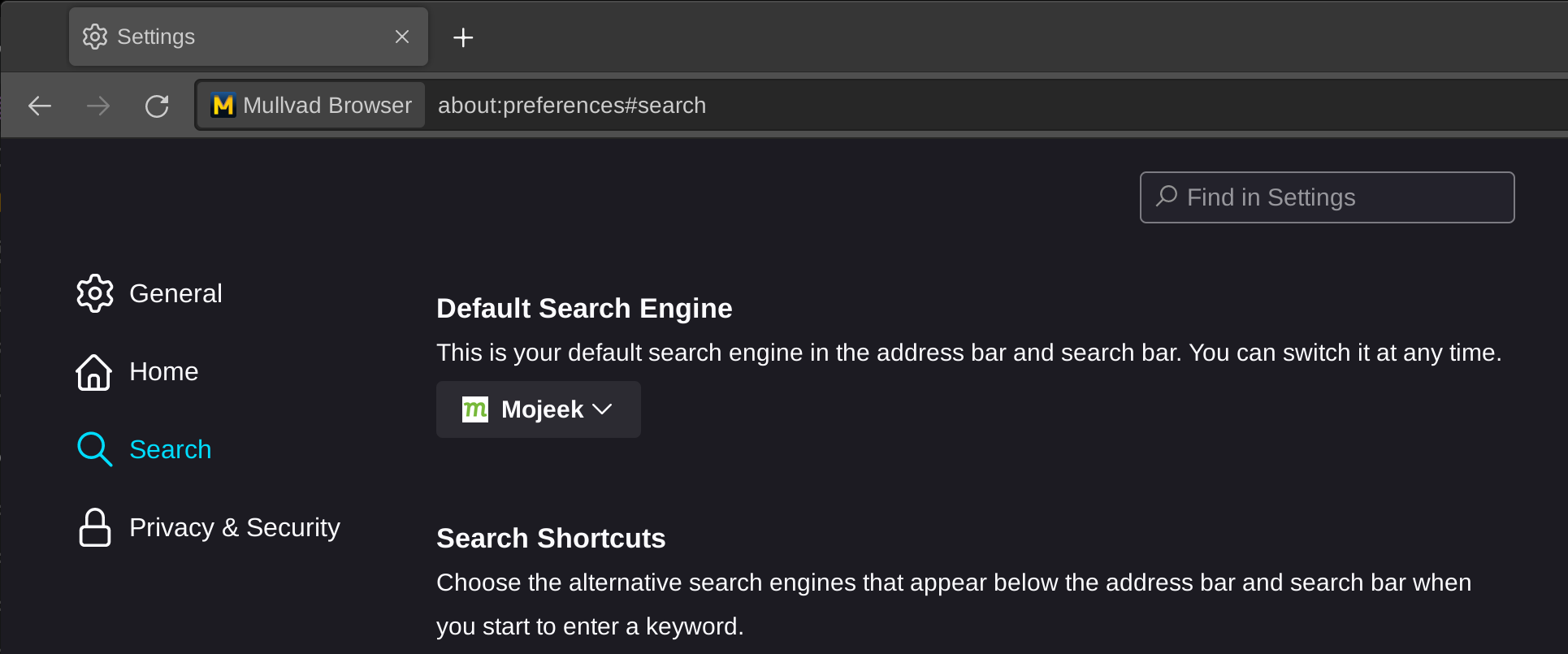 Changing Mullvad's default search engine to Mojeek.